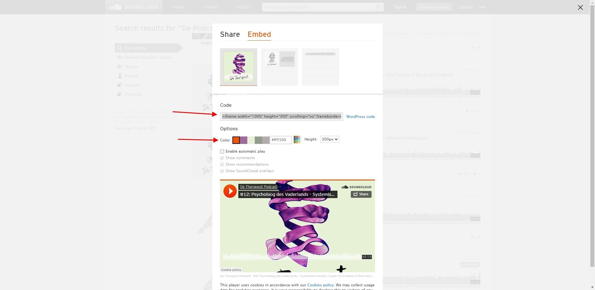 Embed code podcast op Souncloud