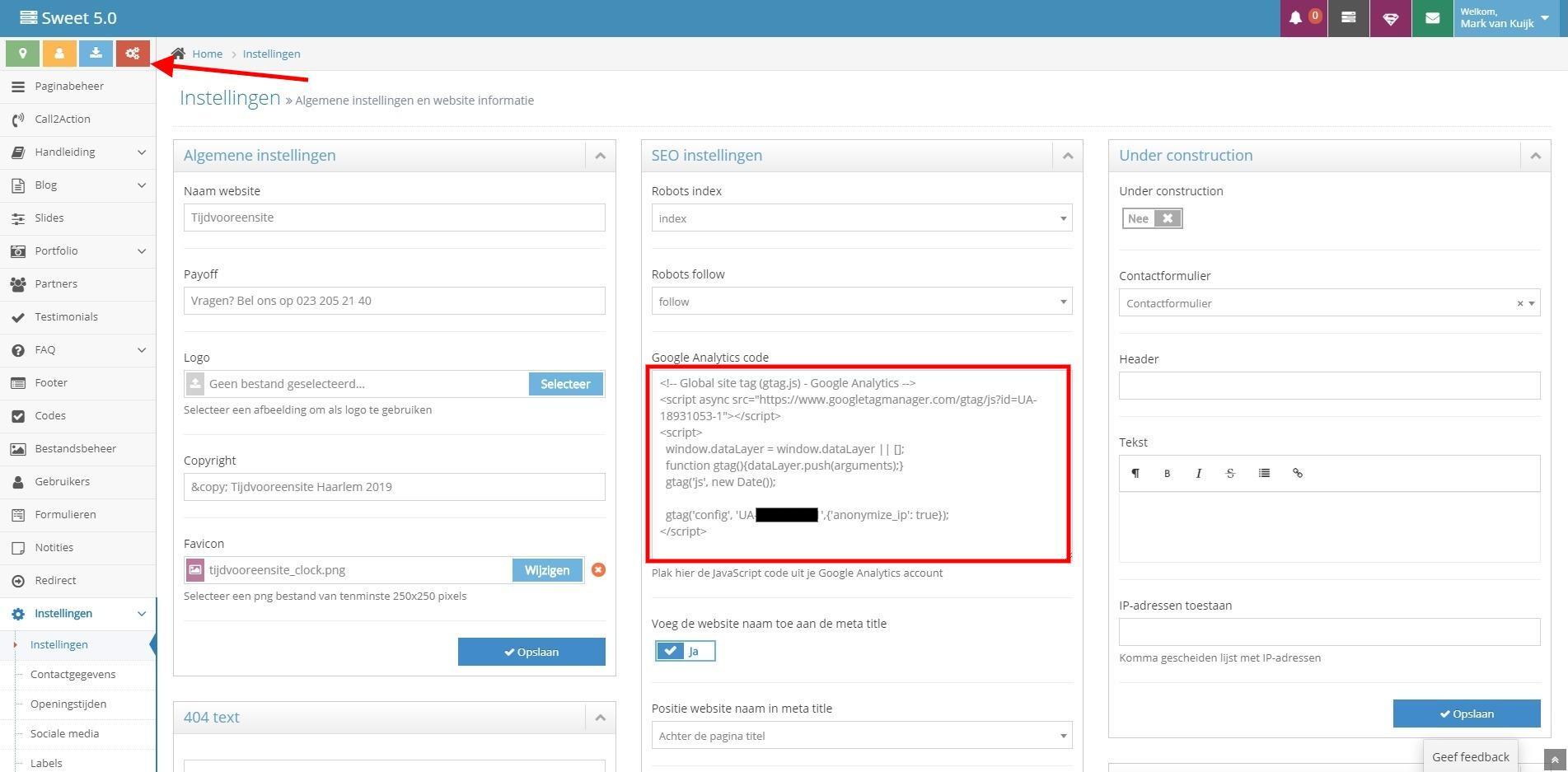 Google Analytics code implementeren in Sweet