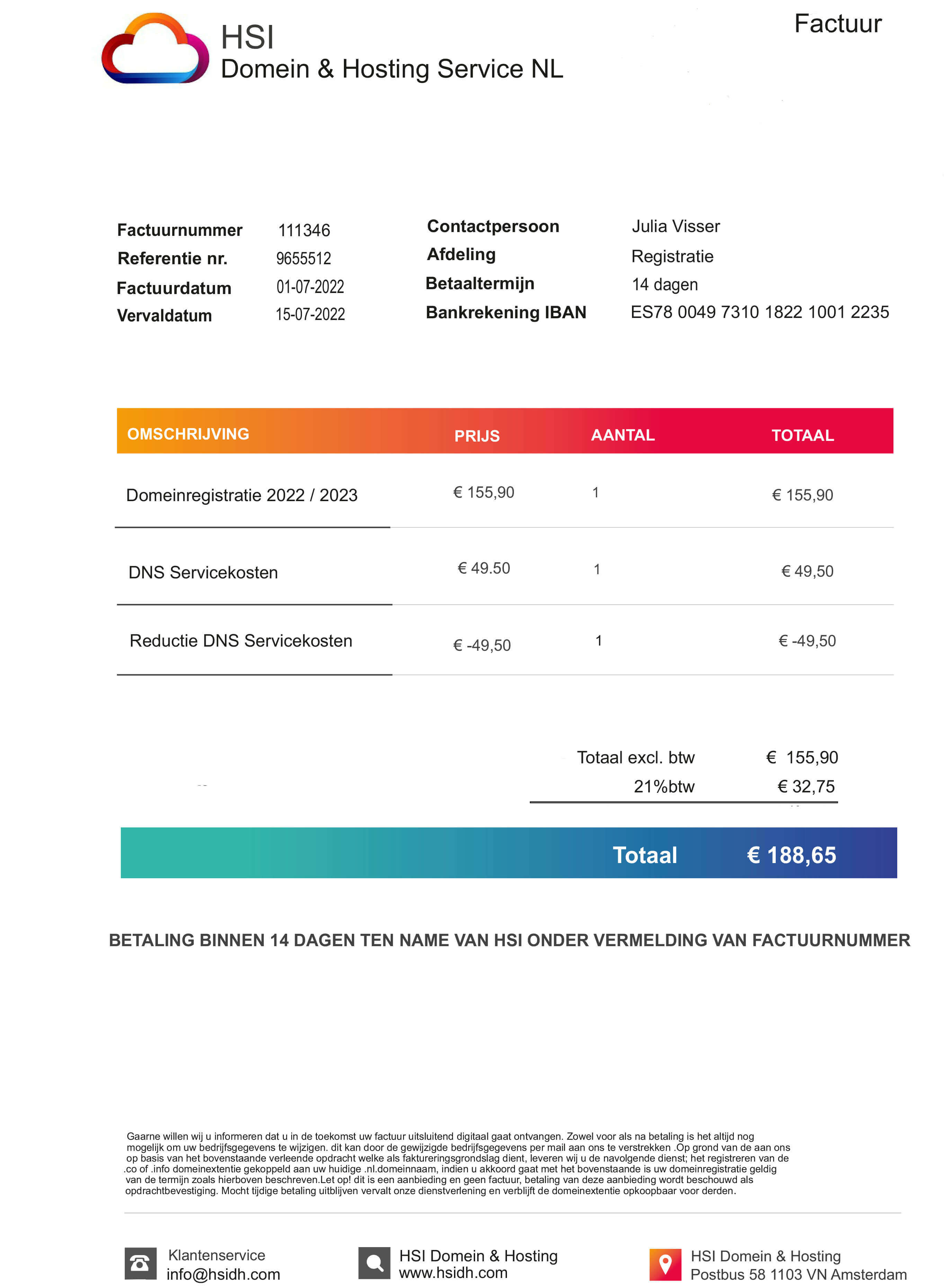 Spookfactuur HSI Domein & Hosting