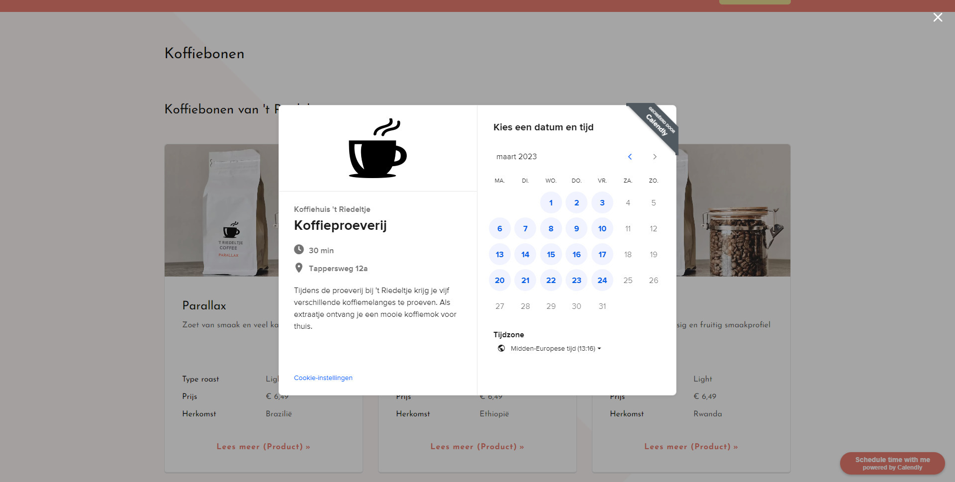 Calendly afsprakenwidget op de website van Koffiehuis 't Riedeltje