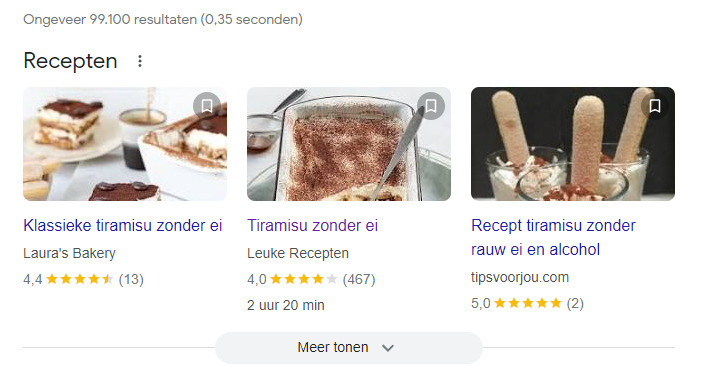 Carrousel voor recepten in Google