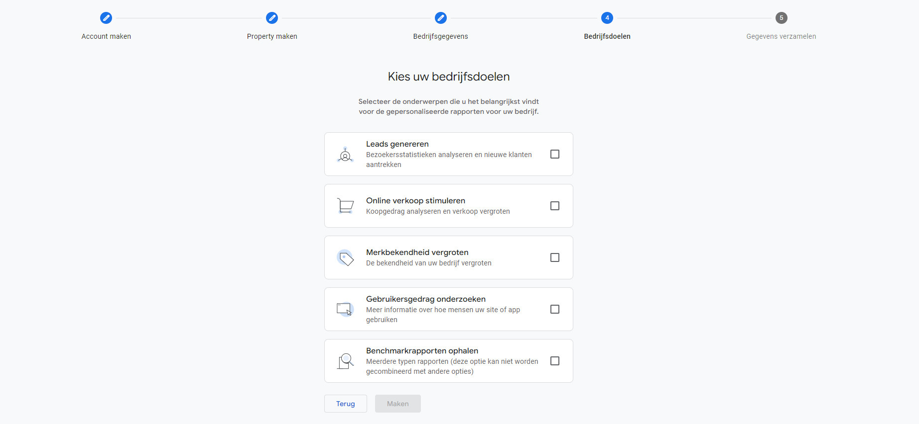 Bedrijfsdoelen kiezen Google analytics 4