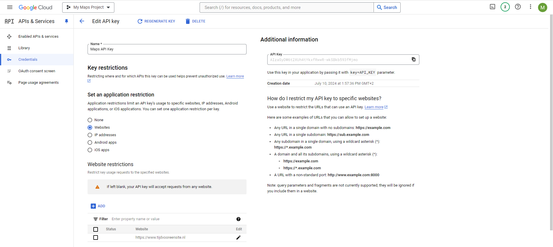 Google API key opnieuw ophalen