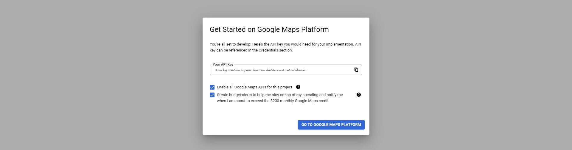 Google API key ontvangen