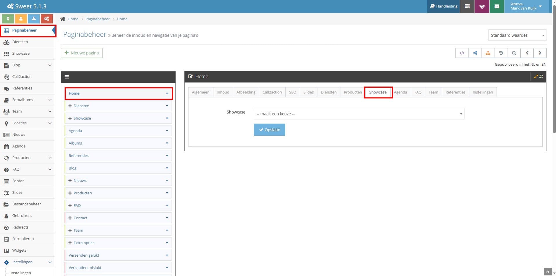 Showcase activeren op een webpagina