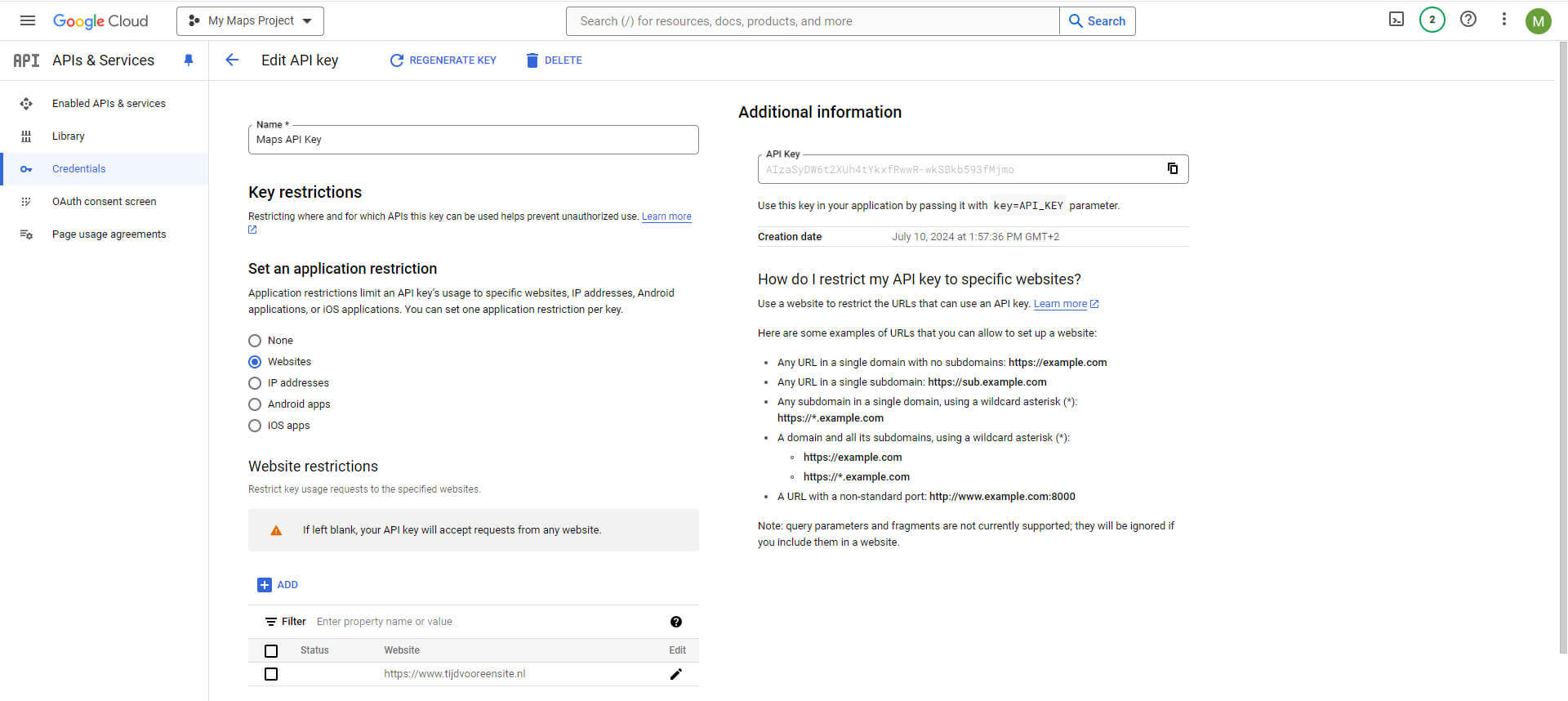 Google API key opnieuw ophalen