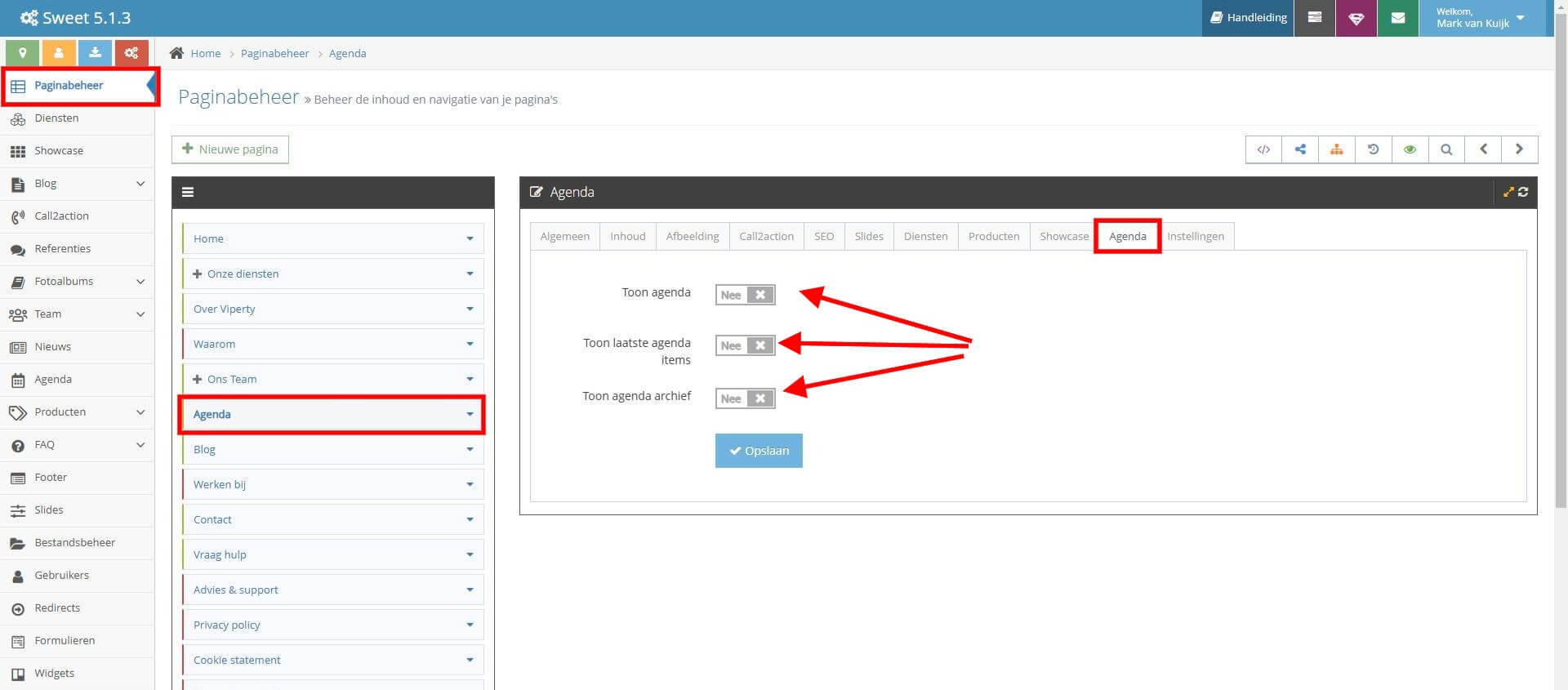 Nieuws toevoegen aan de juiste pagina Agenda toevoegen aan de juiste pagina