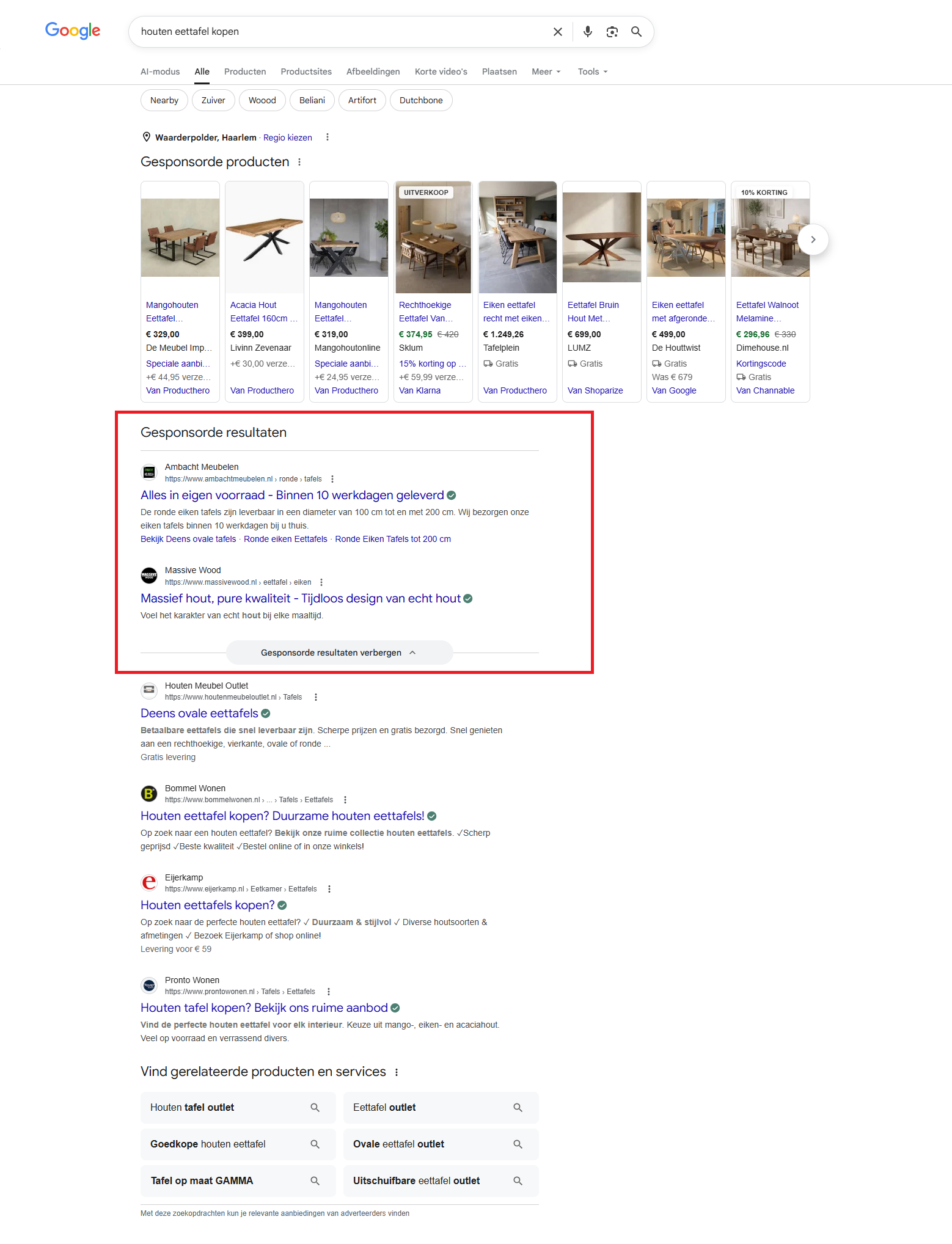Voorbeeld posities betaalde zoekresultaten in Google