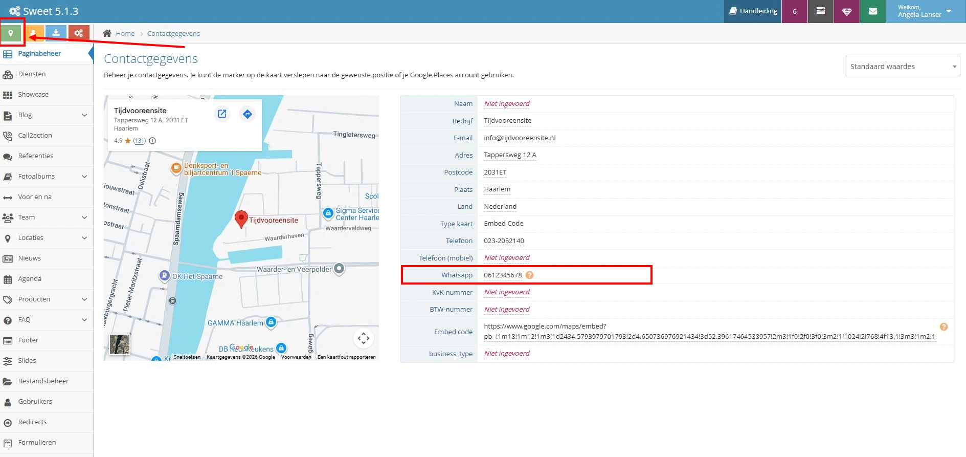 Whatsapp nummer toevoegen in het cms