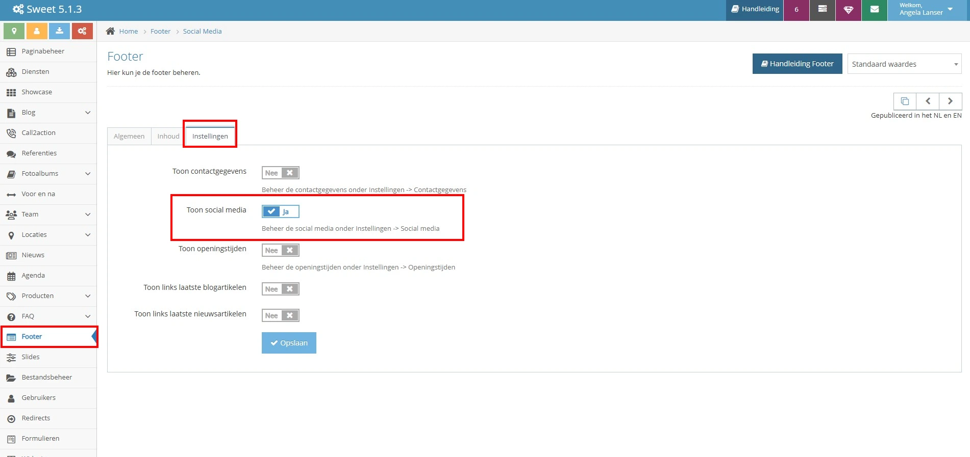 Social media kanaal tonen in footer Social media kanaal tonen in footer