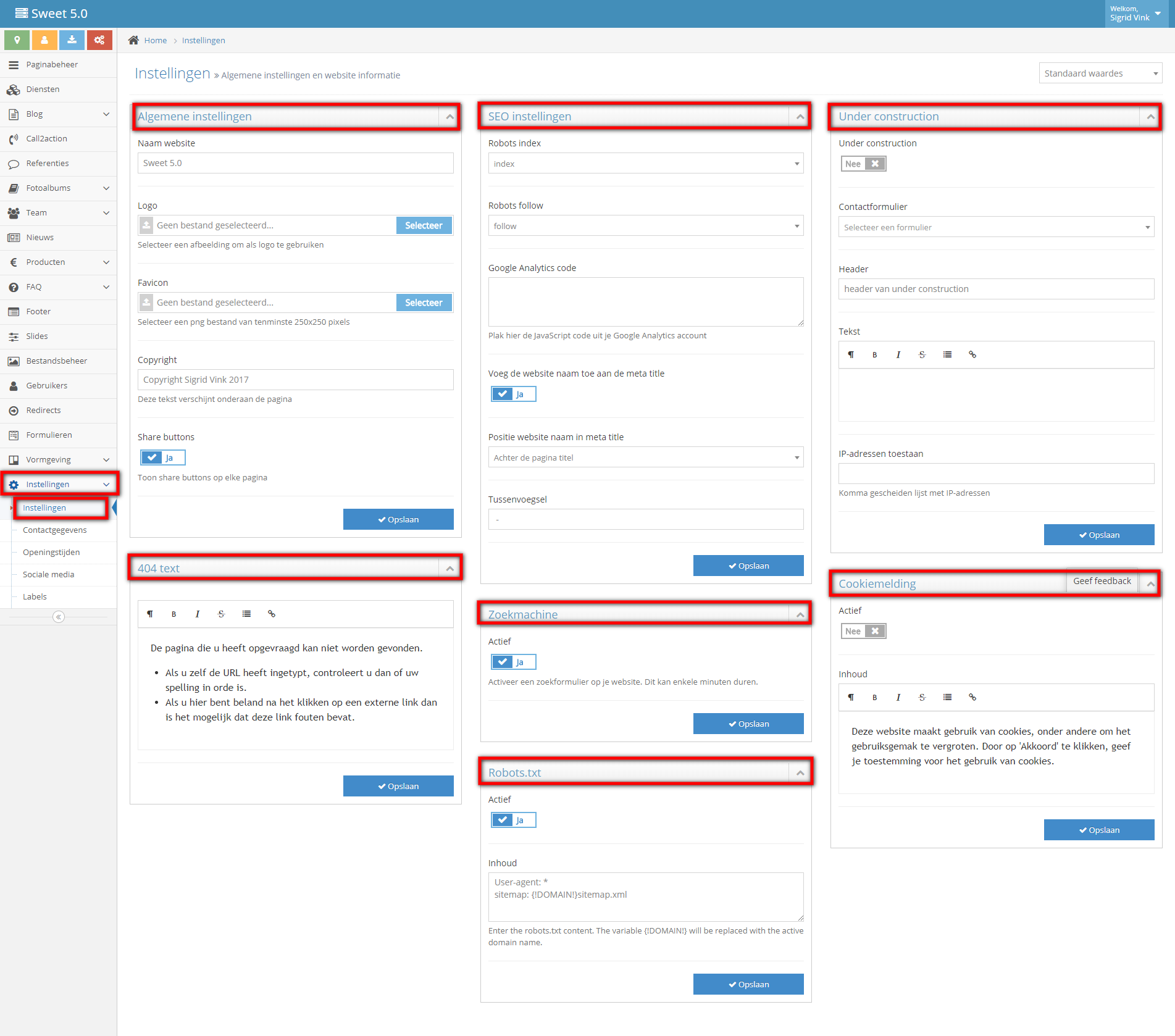 Instellingen van de website beheren in het CMS