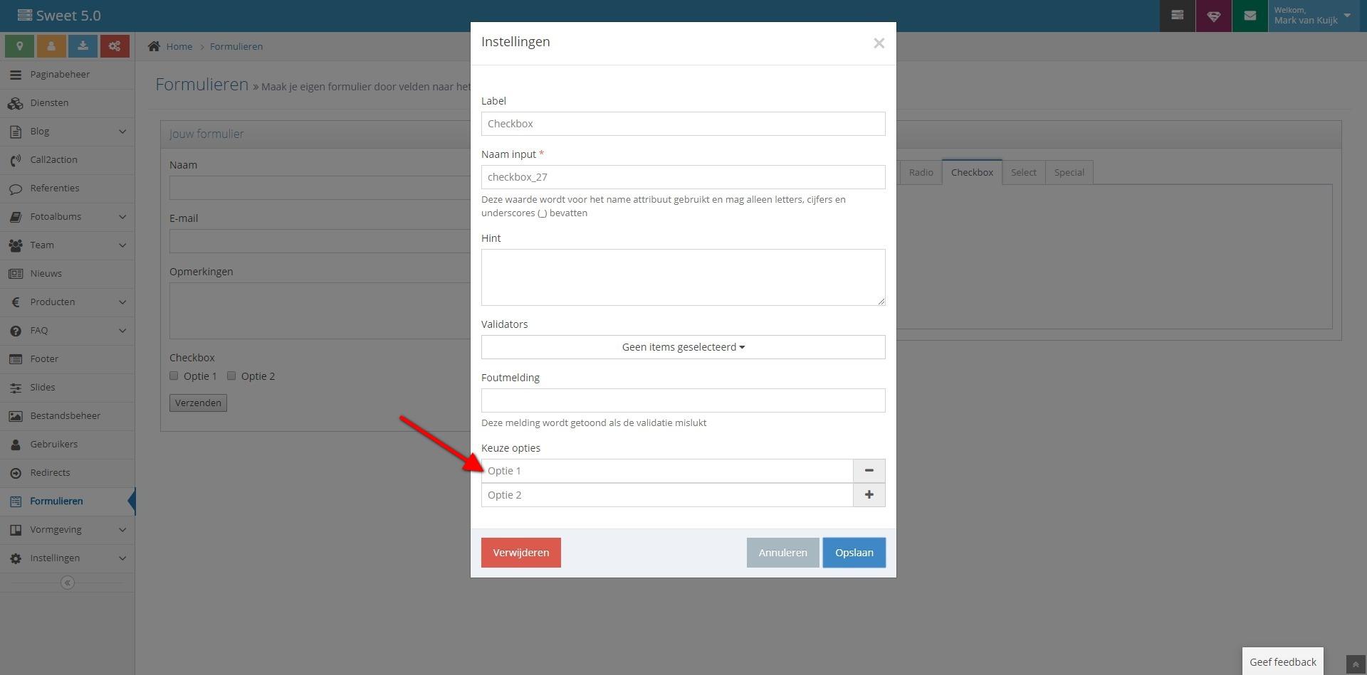 Stap 6: Kies bij Label voor een tekst als aanduiding voor de Checkbox (zie figuur 6.1). Verwijder een 'Keuze optie' door op het minnetje te klikken. Pas de tekst in 'Optie 1' aan in bijvoorbeeld Stap 6: Kies bij Label voor een tekst als aanduiding voor de Checkbox (zie figuur 6.1). Verwijder een 'Keuze optie' door op het minnetje te klikken. Pas de tekst in 'Optie 1' aan in bijvoorbeeld