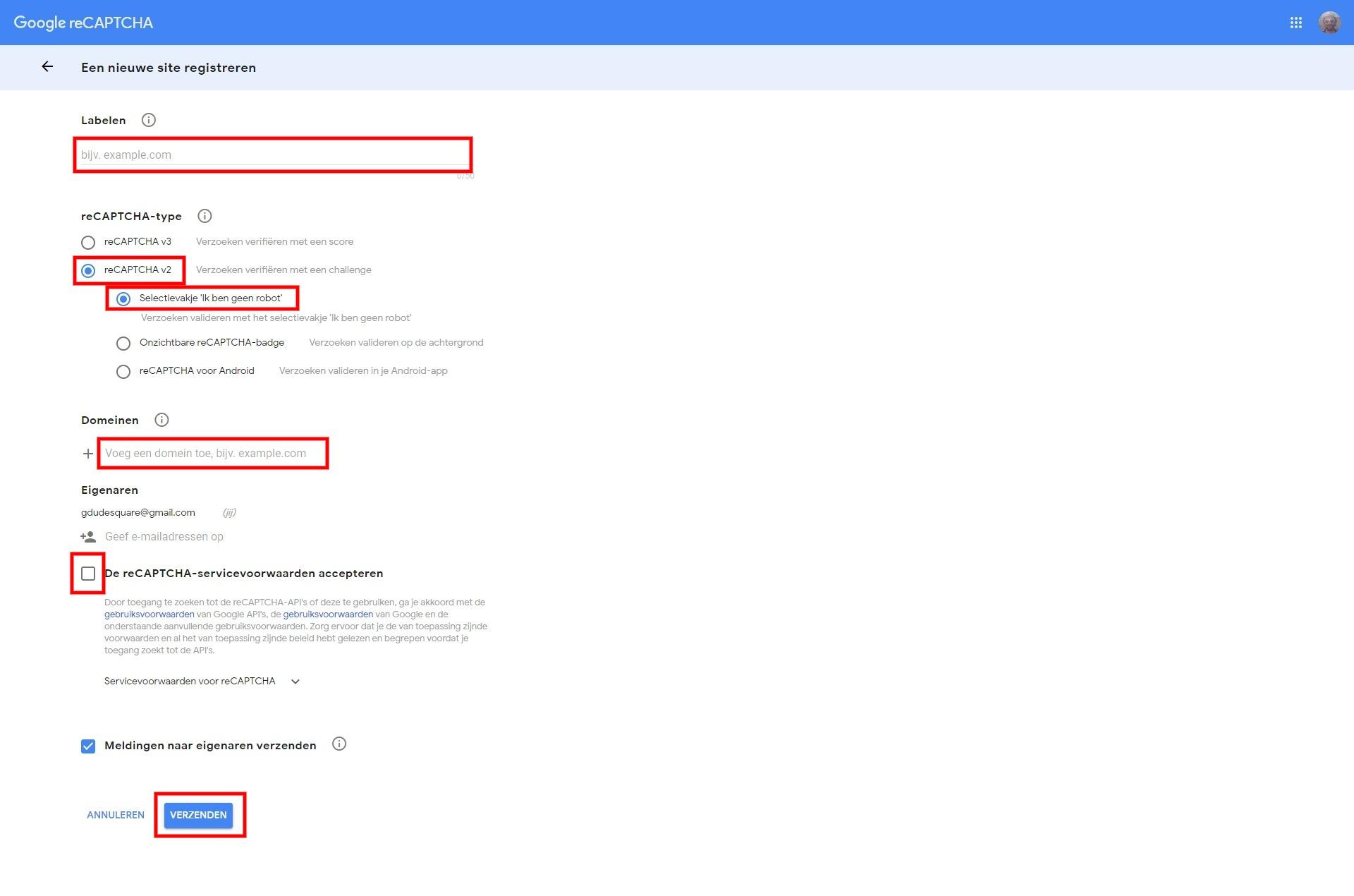 Gegevens invoeren voor Google Recaptcha Gegevens invoeren voor Google Recaptcha