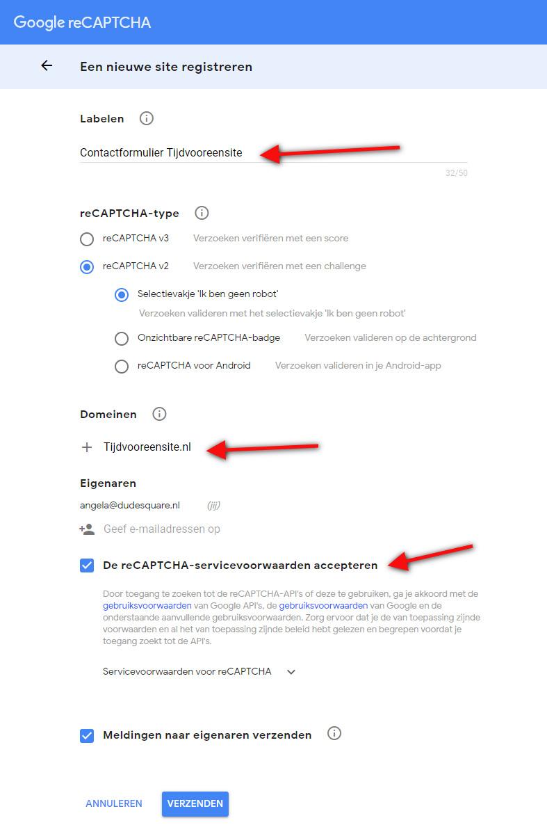 Eerst registreren voor de Google ReCAPTCHA