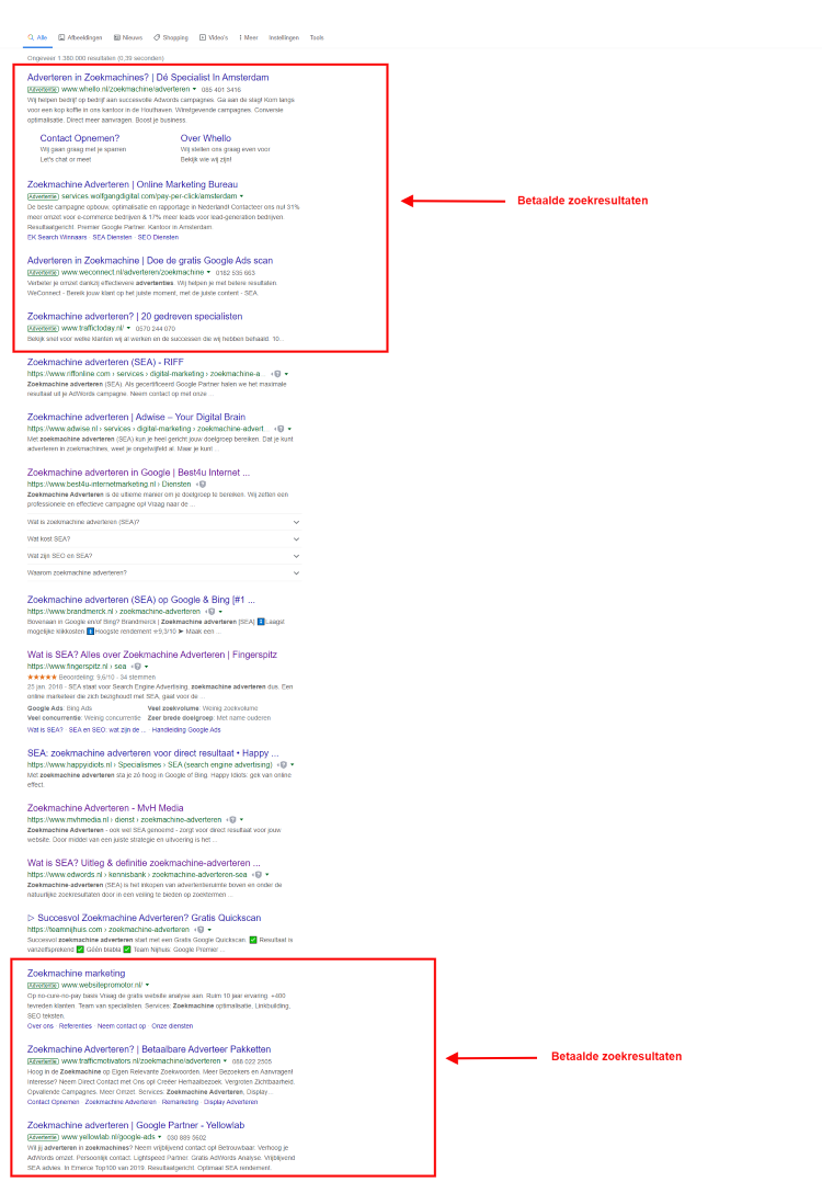 Voorbeeld posities betaalde zoekresultaten in Google