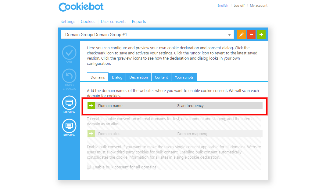 Domeinnaam invoeren in Cookiebot Domeinnaam invoeren in Cookiebot