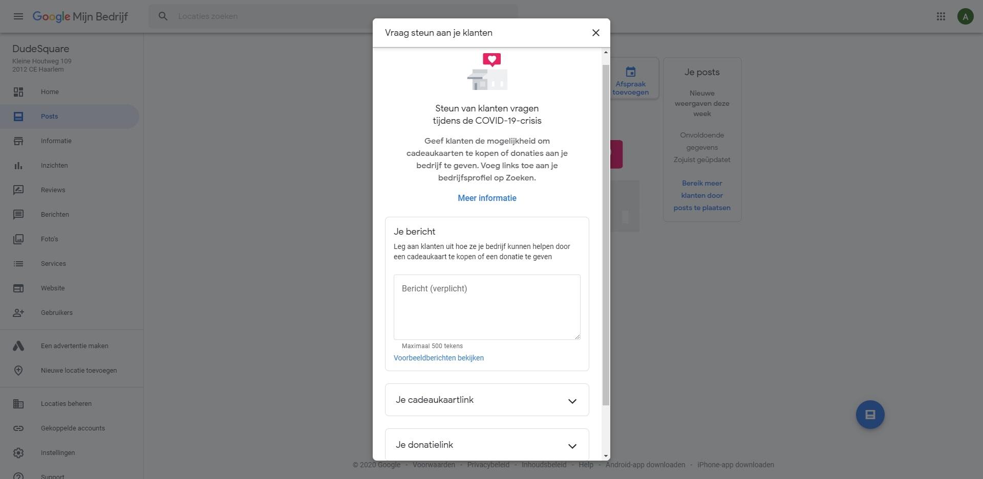 Een cadeaukaartlink of donatielink aanmaken in Google Mijn Bedrijf