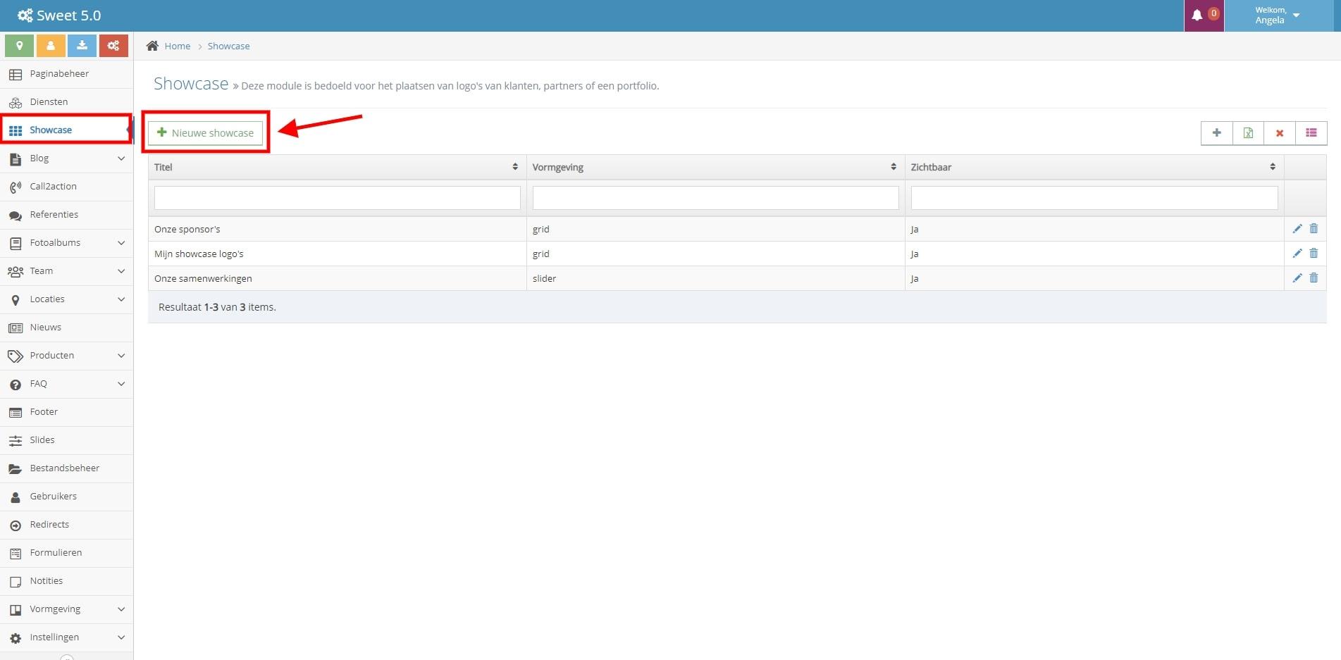Showcase aanmaken in het CMS