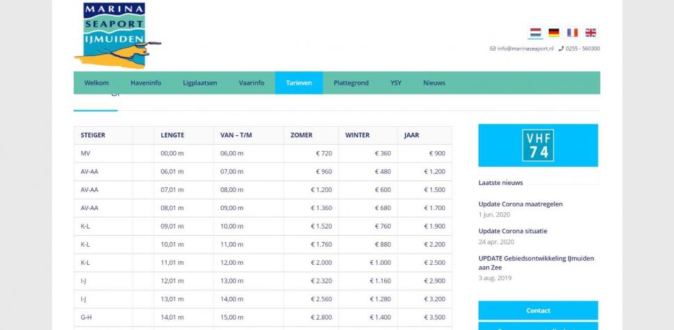 Tabel op website voor prijzen ligplaatsen