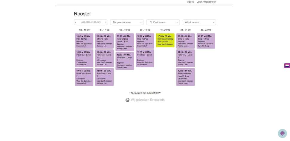 Lesrooster Eversports op website met filteropties