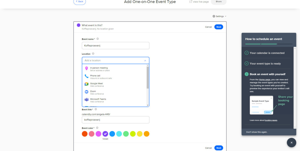 afspraaktype kiezen in Calendly